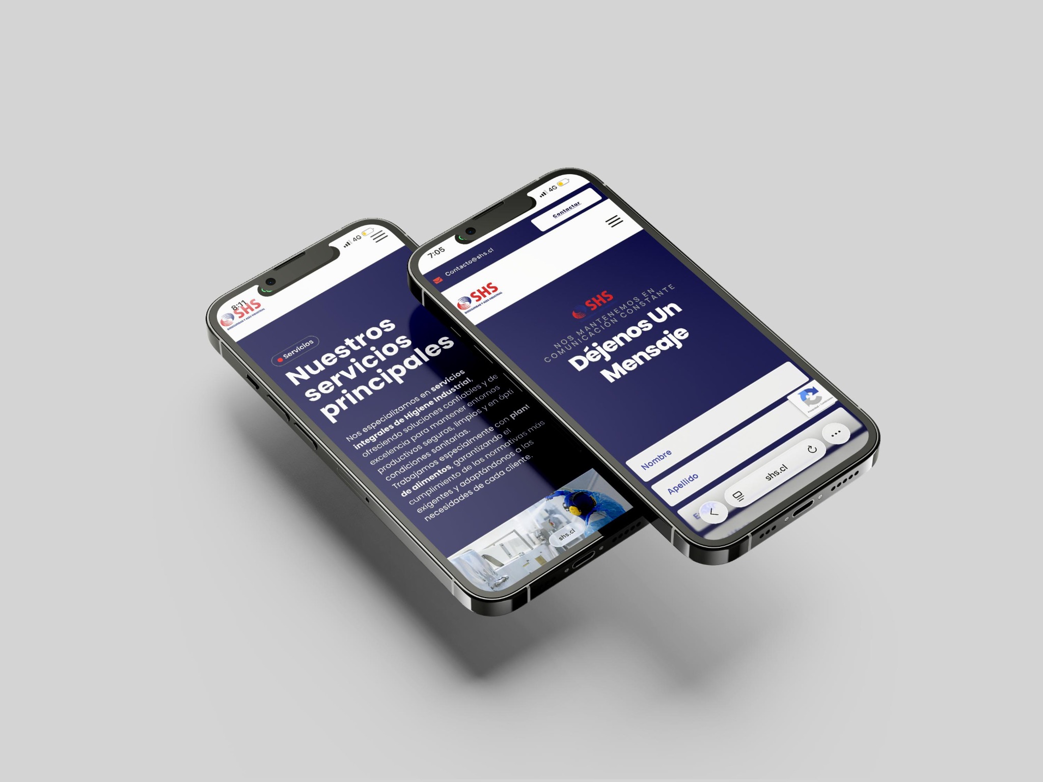 Vistas móviles de servicios y contacto del sitio SHS