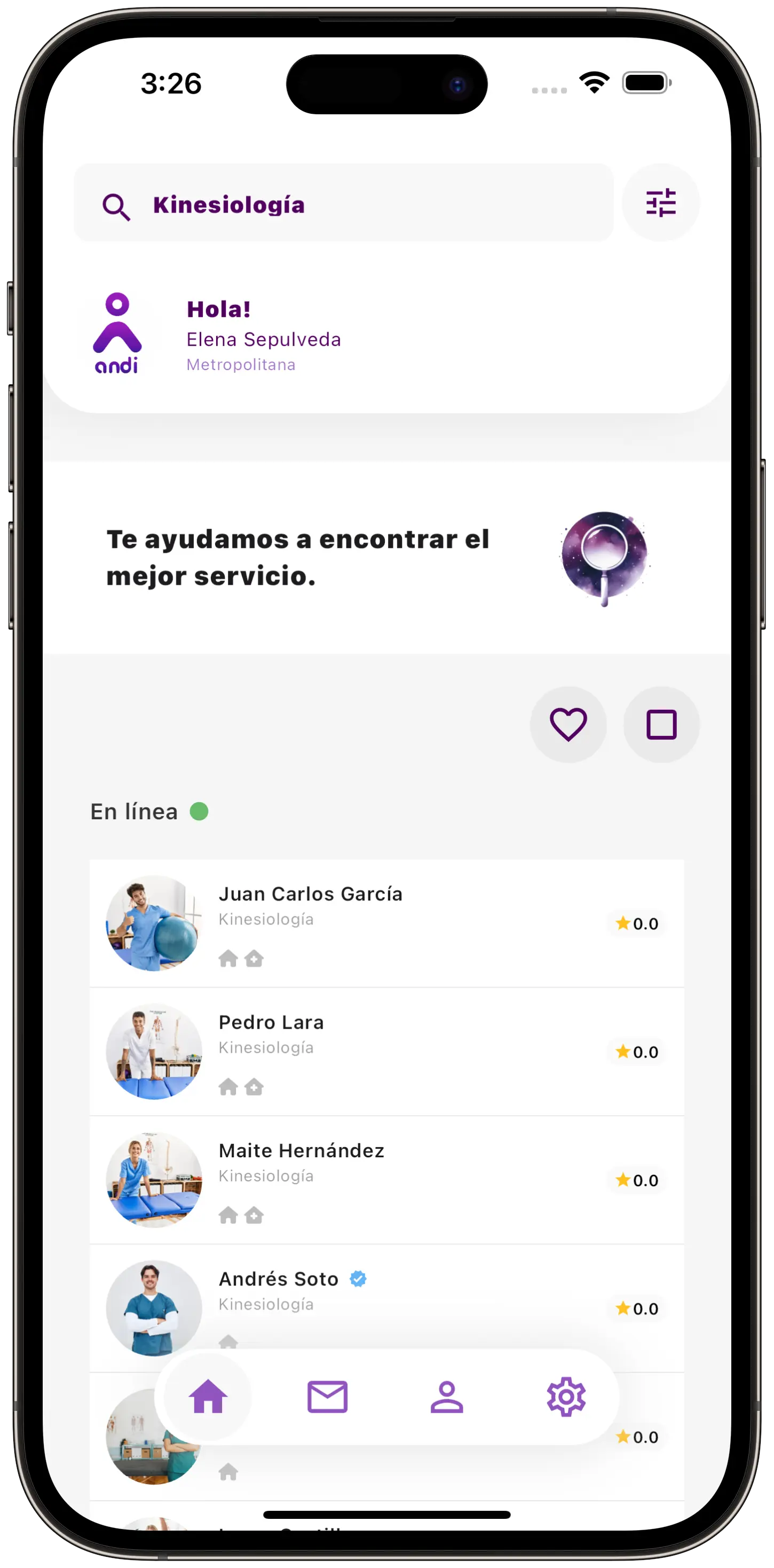 Interfaz de Andi mostrando servicios disponibles